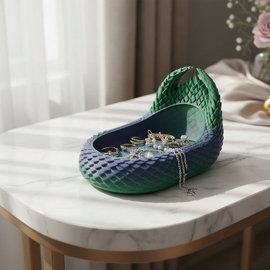A decorative jewelry organizer shaped like a dragon throne, with a green-to-purple gradient and a textured scale pattern, displayed on a white marble table in a softly lit room.