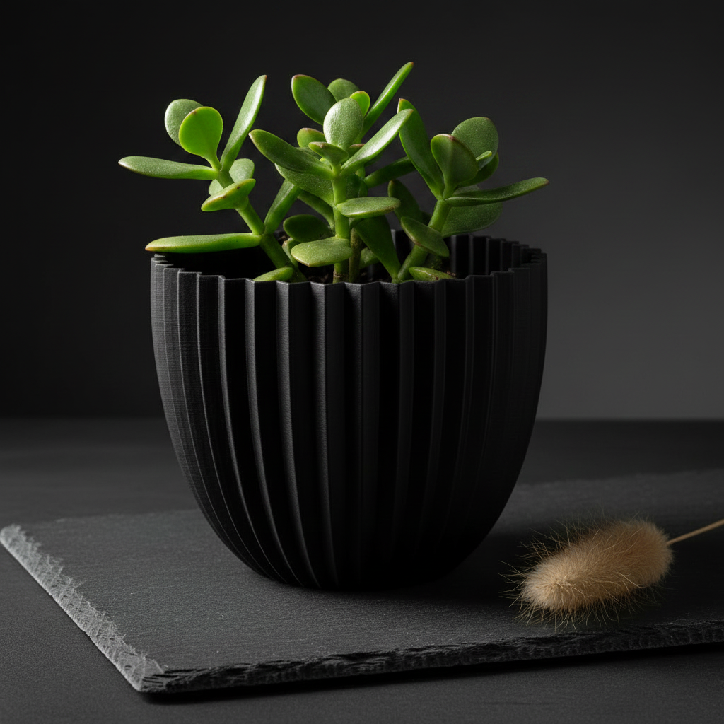Black ribbed pot with a green plant on a dark surface