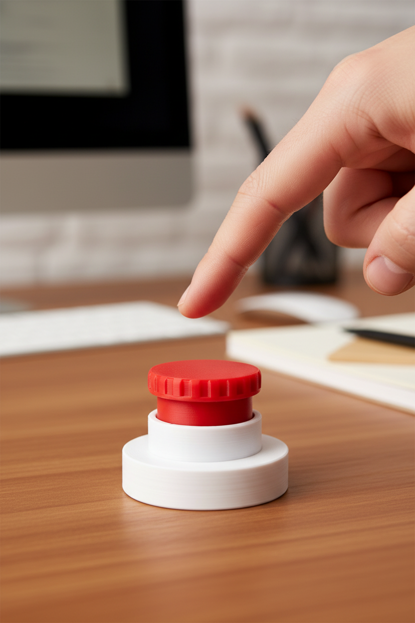 Hand pressing a red and white button on a desk