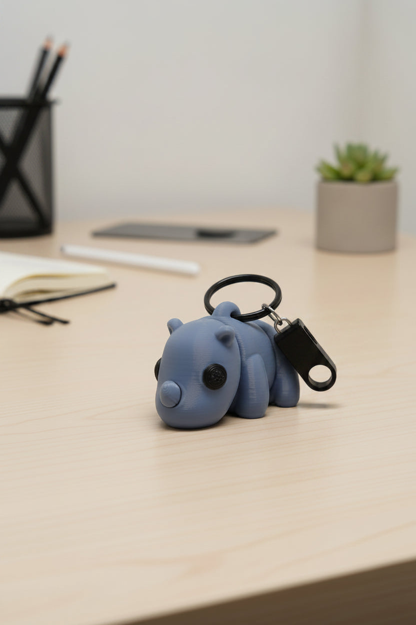 Blue grey baby rhino shaped keychain on a desk with office supplies in the background
